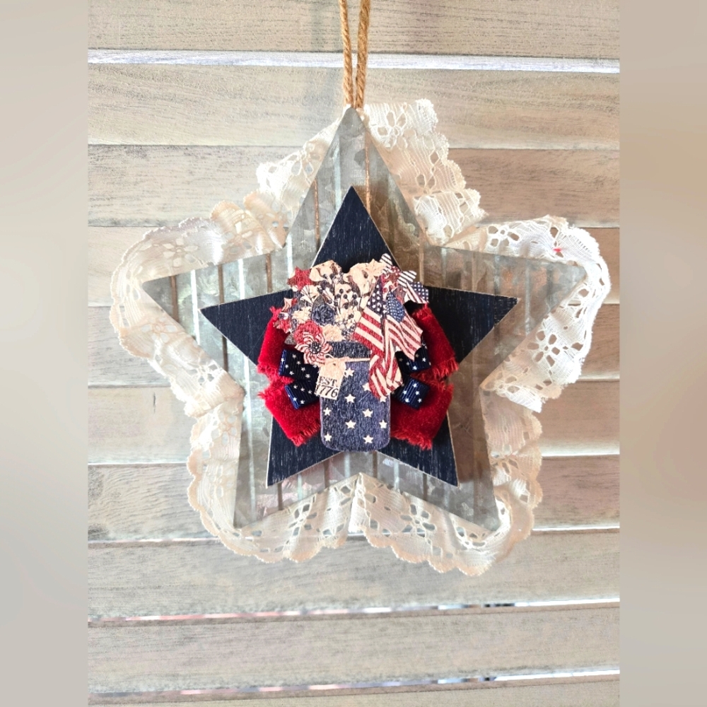 Americana 1776 Mason Jar Flag Door Wall Homespun Star Military Rag Primitive USA